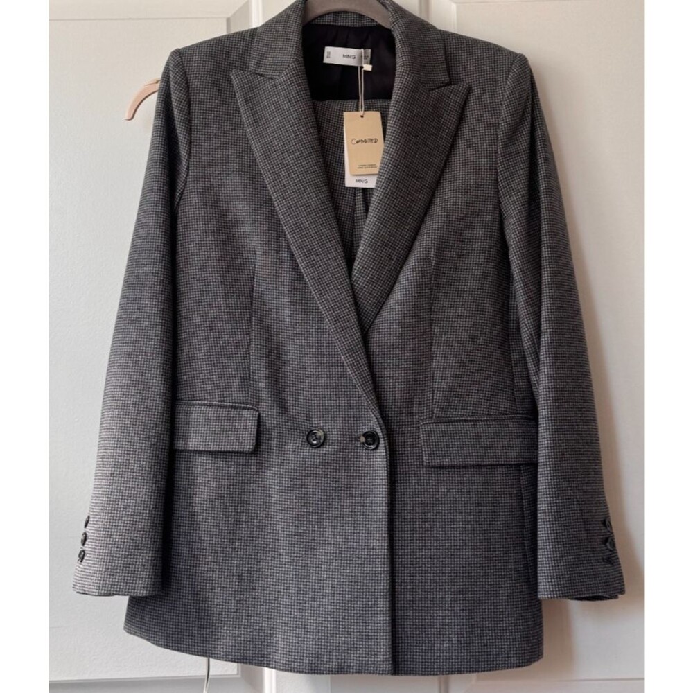 Mango Americana Anna Houndstooth double breasted Blazer Gray Wool Blend Medium